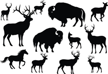Fototapeta premium Collection of black silhouettes of various north american wildlife animals including deer bison horse and elk