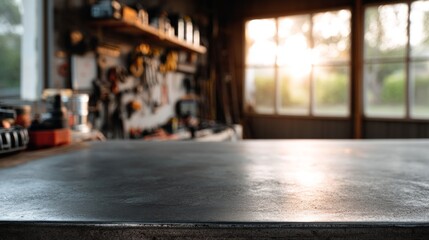 Fototapeta premium A sleek black metal table dominates the foreground, reflecting warm sunlight filtering through a shop window, surrounded by various tools and a lively atmosphere of car repairs