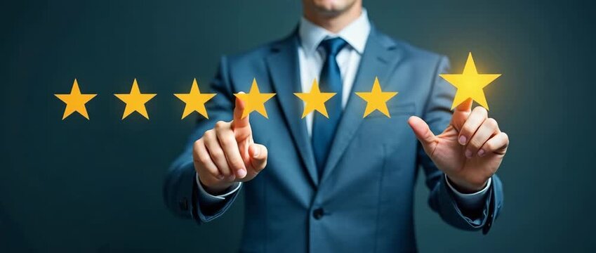 A businessman reaching for a five-star rating symbol, illustrating the pursuit of excellence in business performance, with sufficient copy space for branding or messaging.