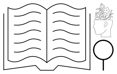 Open book with lines, human head sprouting flowers symbolizing growth, and magnifying glass. Ideal for education, research, creativity, discovery, intellectual development, mindfulness learning