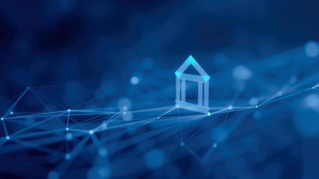 Futuristic bank icon glow network grid, digital technology marketing business concept with fintech vibe blue background showing finance innovation, secure data connections, digital network house
