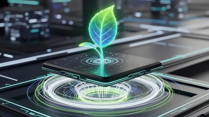 Luminous leaf on a tech platform with glowing circles set against a futuristic background