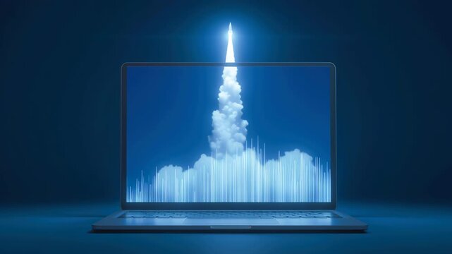 Digital technology marketing business rocket launch laptop screen glow concept drives modern growth and innovation online, startup growth with blue light and data wave symbolizing success