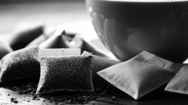 Video A cup of coffee and some tea bags on a table, perfect for a cozy morning or afternoon