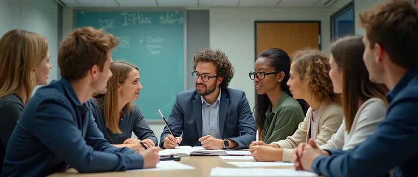 Diverse team collaborates around a conference table in a modern office; camera slowly pans as participants engage in animated discussion, creating a vibrant, professional atmosphere with subtle ambien