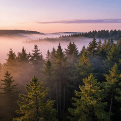 Obraz premium Sunrise Fog Over Evergreen Forest – Peaceful Nature Landscape
