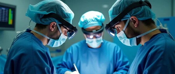 Surgeons in blue scrubs perform a precise operation under bright lights in a sterile operating room; camera slowly pans, capturing the focused teamwork in a cinematic, professional atmosphere. - Powered by Adobe