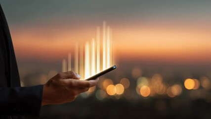 Digital technology marketing business growth concept with glowing bar chart smartphone sunset, mobile data bars rise over city skyline for agile strategy, modern finance communication, innovation mood - Powered by Adobe