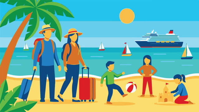 Family Vacation with Suitcases at Beach – Vector Illustration