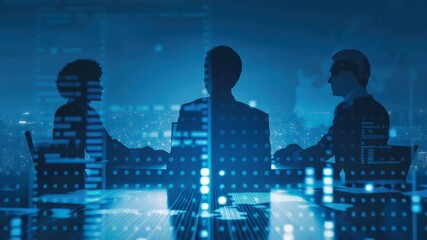 Digital technology marketing business meeting strategy teamwork silhouette cityscape night innovation data analytics growth planning success corporate vision future urban skyline synergy - Powered by Adobe
