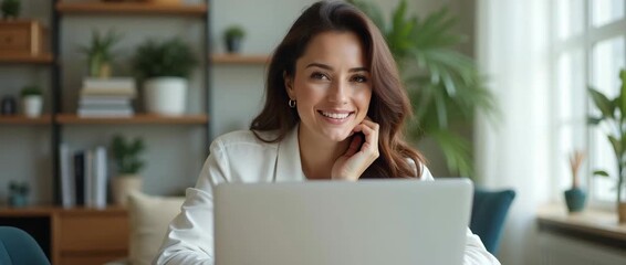 Smiling woman working on a laptop in a bright home office, camera gently tracking right as indoor plants sway slightly, cinematic style with abundant natural light and copy space.
