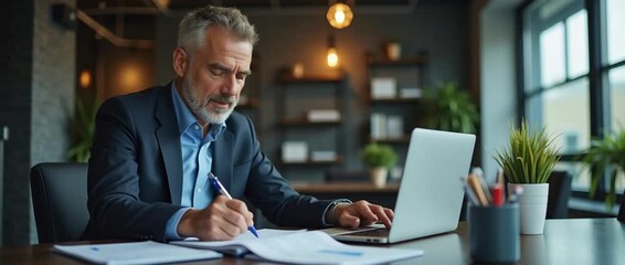 Professional businessman writing notes at a laptop, office lights flickering gently, camera slowly panning, in a cinematic office setting with modern decor and ambient focus. - Powered by Adobe
