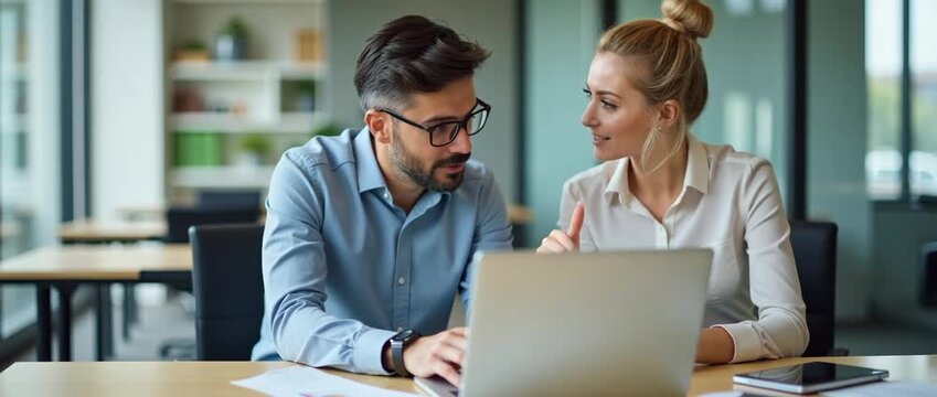 Two engaged business professionals, one male and one female, collaborating on financial projects at a desk, utilizing laptops while in discussion. Center composition maintains a clean aesthetic.