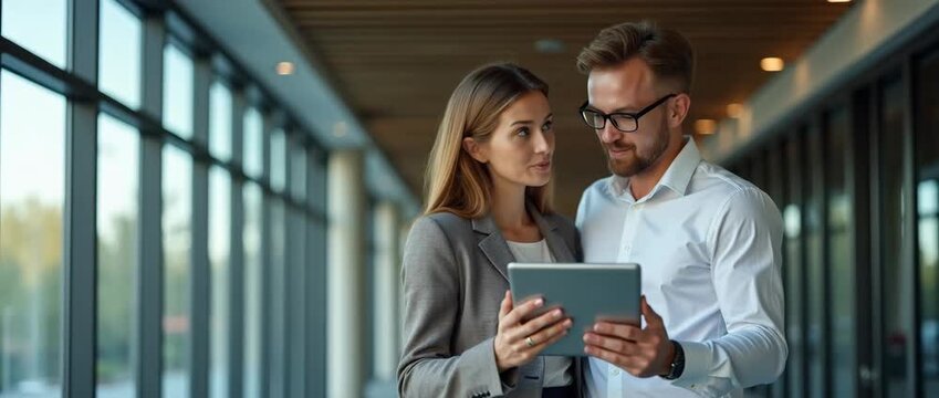 Professional colleagues discuss a digital tablet in a modern office corridor, camera slowly tracks right, ambient light flickers gently, cinematic style, business teamwork.