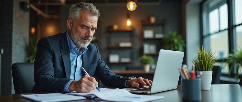 Professional businessman writing notes at a laptop, office lights flickering gently, camera slowly panning, in a cinematic office setting with modern decor and ambient focus.