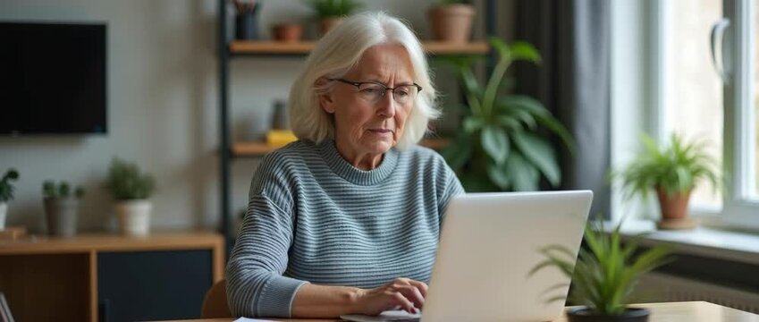 Elderly woman types thoughtfully on a laptop in a sunlit home office; camera gently pans, plants sway subtly, creating a calm, realistic workspace ambiance.