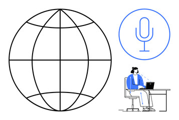 Communication concept. Communication through technology with global connectivity, microphone icon, and a person using a laptop. Communication in networking, telecommunication, content creation