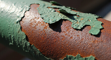 Flaking green paint on rusty iron pipe in sunlight