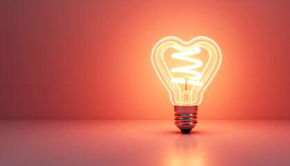 Heart shaped spiral LED bulb glowing against pastel red background, exuding modern elegance, ideal for Valentine’s Day themes, home lighting ads, romantic lifestyle imagery