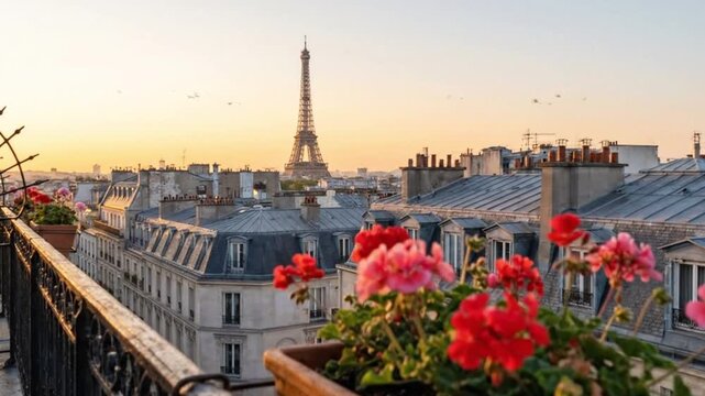 View of the eiffel tower from a parisian balcony with red and pink geranium flowers in a planter at sunrise or sunset