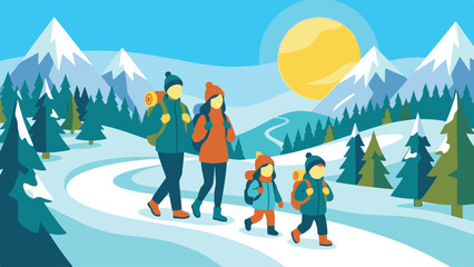 Family Walking in Winter Mountains – Vector Illustration © StockStudio