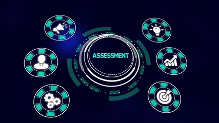 Assessment and Strategic Analysis Concept. Digital Interface Showing Evaluation, Metrics, Decision Support, Optimization, Innovation, and Modern Business Technology.