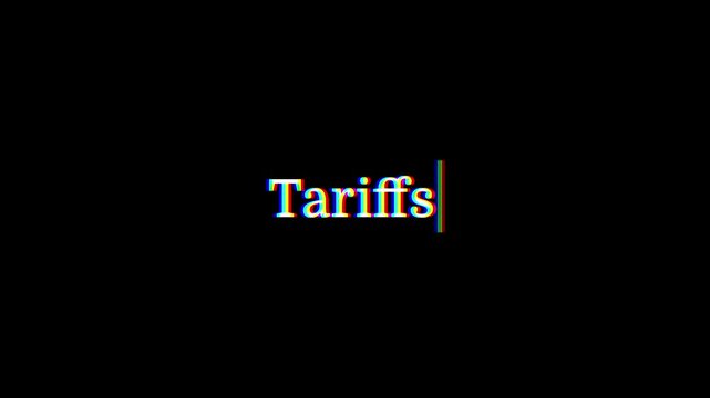 Computer terminal animation of the word Tariffs typed on screen with a blinking cursor. Tariffs typewriter effect on a clean background.