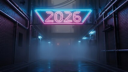 Step into the vibrant future with this neon 2026 sign illuminating a moody urban alleyway scene, perfect for futuristic and cyberpunk themed projects!