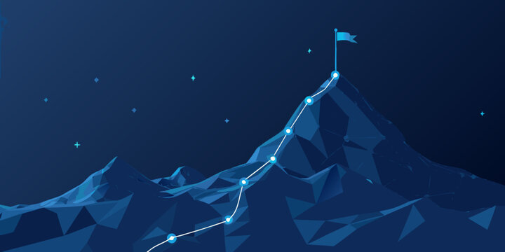 Path to success mountain peak with flag and starry night sky