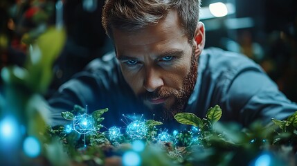 Focused farmer examining crops enhanced with digital technology for precision agriculture and sustainable farming practices in a greenhouse