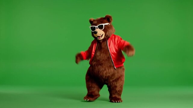 Dancing bear struts across Green Screen in Sunglasses and Jacket