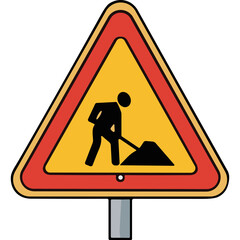 Yellow Triangular Warning Sign with Red Border Depicting a Black Silhouette of a Worker Digging in a Pile of Dirt Against a Black Background on a Metal Pole