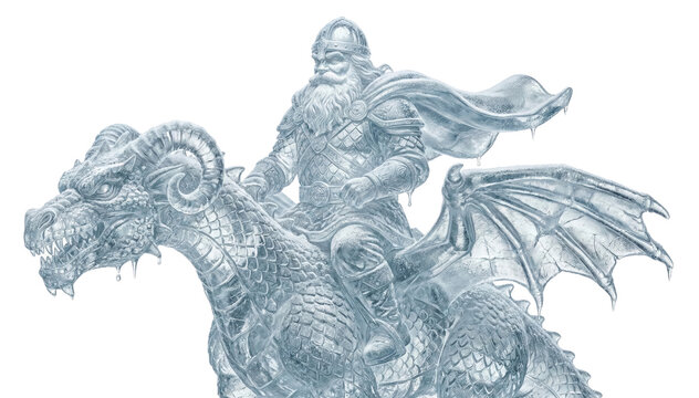 Ice sculpture of viking warrior riding a dragon