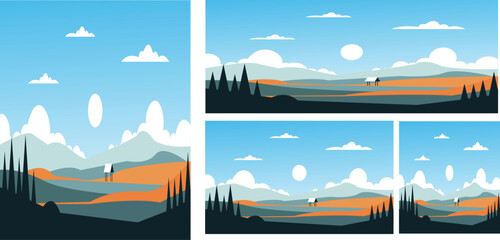 Minimalist landscape illustration with layered mountains, river, and sky