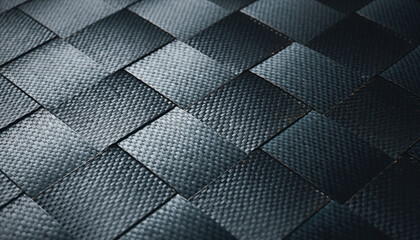 Tight diagonal carbon fiber weave pattern creating shimmering, industrial texture. Modern dark background shows strength and durability with intricate detail and premium feel