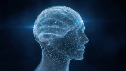 Futuristic head silhouette with glowing brain network, digital technology marketing business concept, blue hologram style, innovation mindset and data flow convey calm focus and progress