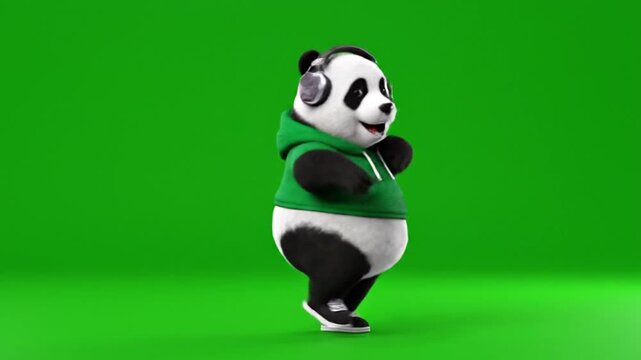 Dancing Panda Bear on Green Screen with Headphones