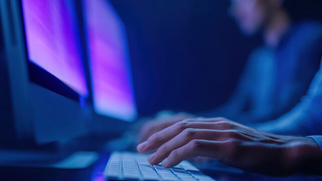 Focused hands typing keyboard digital technology marketing business workflow dark office, blue screen glow suggests data security, coding and analytics with teamwork and productivity pressure - Powered by Adobe