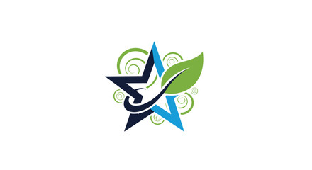 A modern logo featuring a blue star with a green leaf and a dynamic swoosh, surrounded by organic green swirls, symbolizing nature, growth, and quality.