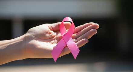 Hand Holding Pink Ribbon Symbolizing Breast Cancer Awareness JPG