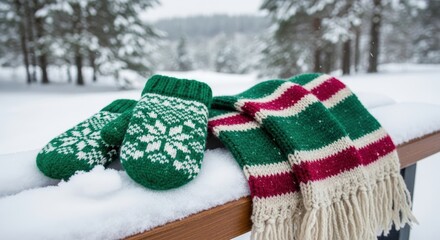 Winter Warmth: A cozy green mitten set and scarf nestle on a snow-covered ledge, inviting thoughts of comfort and a snowy landscape.