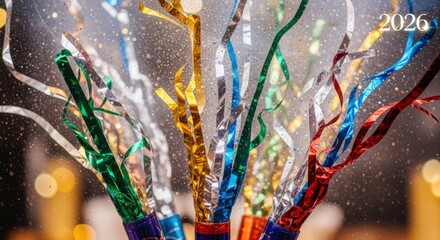Fototapeta premium New Year's Eve Celebratory Confetti: A colorful explosion of celebratory confetti streamers, accompanied by bokeh lights, creating a festive visual for a New Year's Eve celebration. 