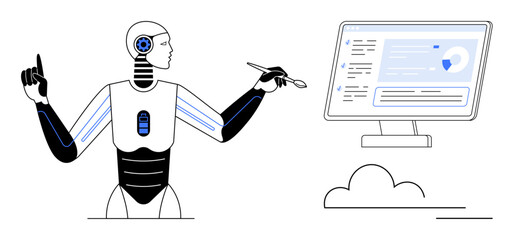 Artificial intelligence, robotics, data management, cloud computing, automation, user interface design. Humanoid robot pointing at a cloud-connected screen. Artificial intelligence and robotics