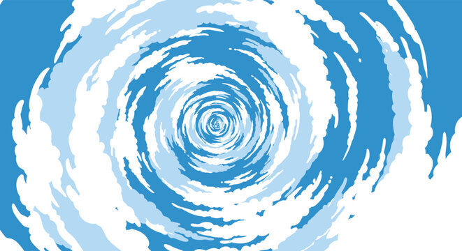 Dynamic abstract sky illustration featuring stylized clouds in shades of white and light blue forming a mesmerizing hurricane-like spiral.