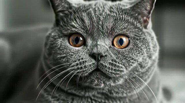 Curious cat with bright yellow gaze stares directly at the camera, sporting a wide cheerful smile and distinctive black nose, perfectly capturing intimate closeness and curiosity.