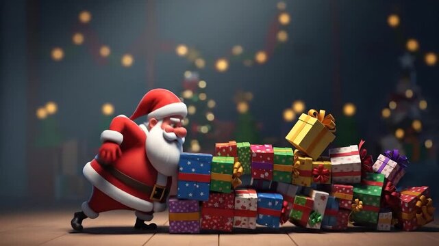Cartoon santa claus carrying pile of colorful gifts celebration concept