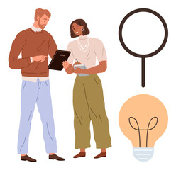 Two professionals reviewing notes on a clipboard, complemented by magnifying glass for inspection and lightbulb for idea generation. Ideal for teamwork, brainstorming, project planning