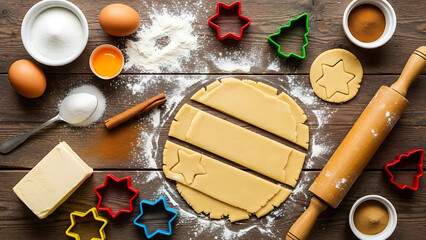 Top-down view of holiday cookie baking preparation with ingredients and utensils on a wooden table.