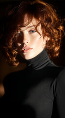Fototapeta premium Woman with curly red hair poses confidently in low light setting. Warm tones highlight facial features. Concept of fashion, beauty, portrait photography