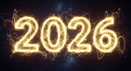 Illuminated 2026: A captivating display showcasing the year 2026, crafted with vibrant, glowing light and dynamic effects, set against a dark, cosmic backdrop.